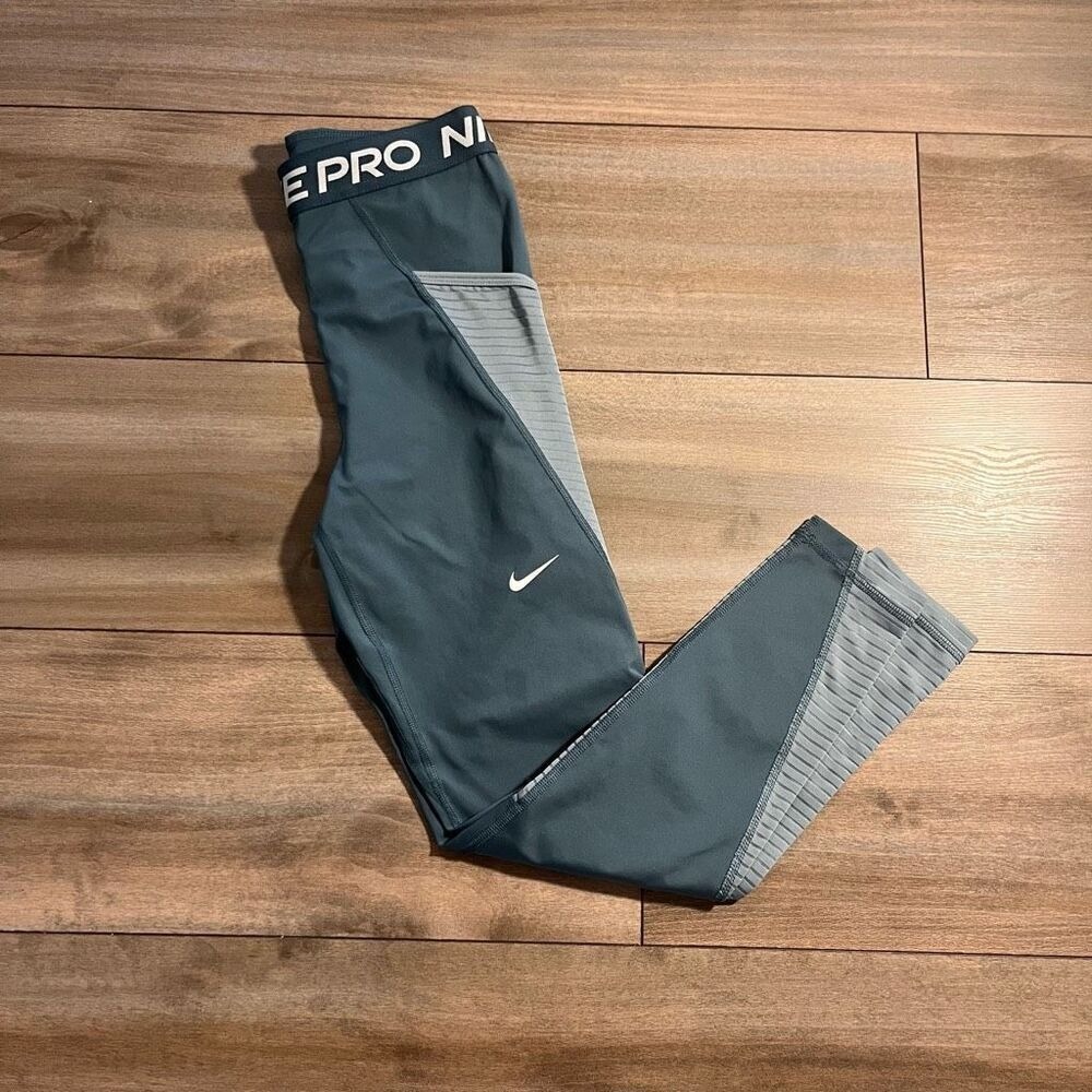 Nike Pro‎ Dri-FIT Gray Teal Training Workout Leggings Womens Size S Bin O-66